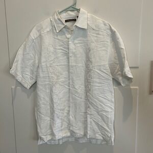 Cubavera White Linen Blend Short Sleeve Embroidered Guayabera Men's Med Shirt